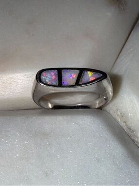 Sterling Silver Opal Inlay Women's Ring - Multicolor Opal